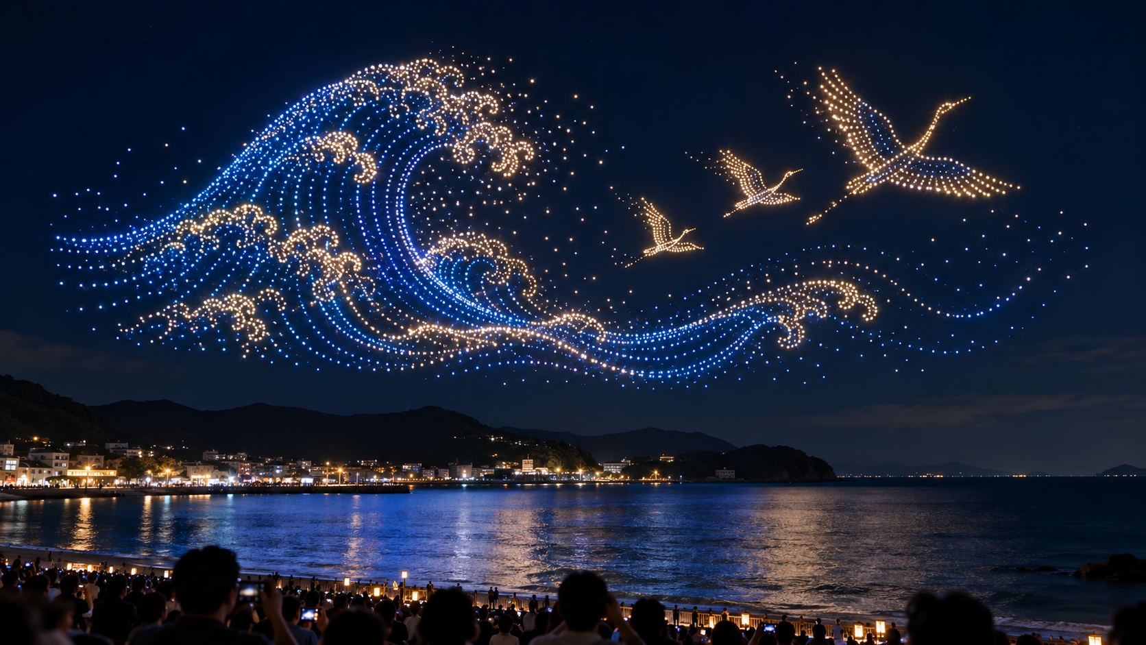 海辺の夜空で行われるドローンショー