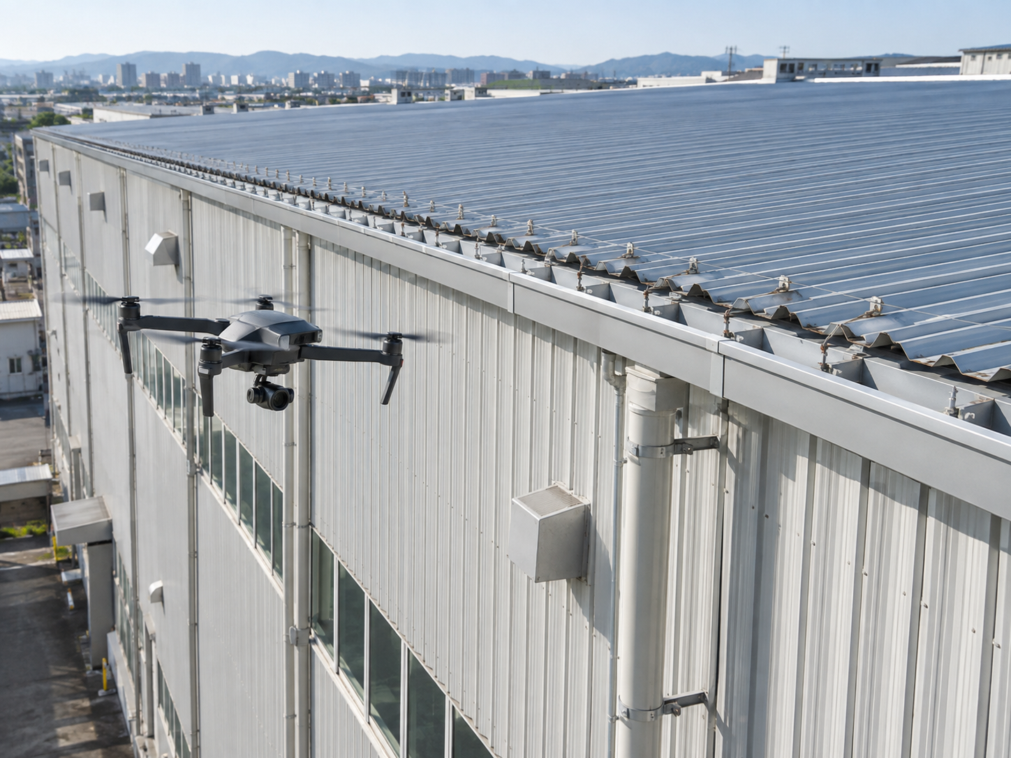 ドローンで大きな倉庫の高所を点検するAI生成イメージ