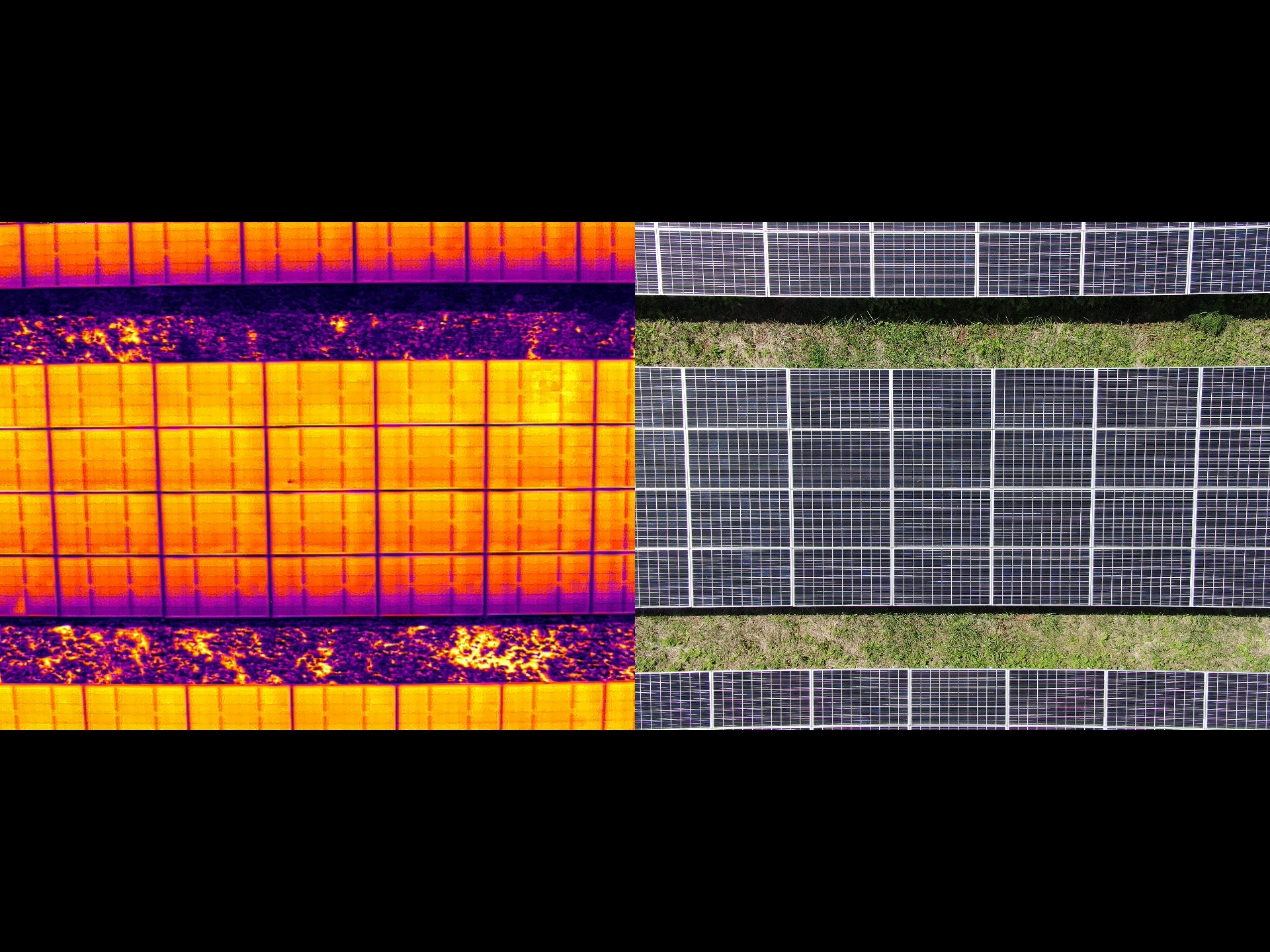 太陽光パネルを赤外線画像と可視画像で比較した点検写真